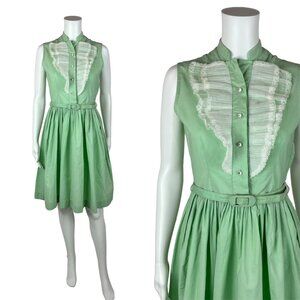 Vintage 1950s Mint Green Dress Women's Extra Small Sleeveless Ruffle Bib Belted